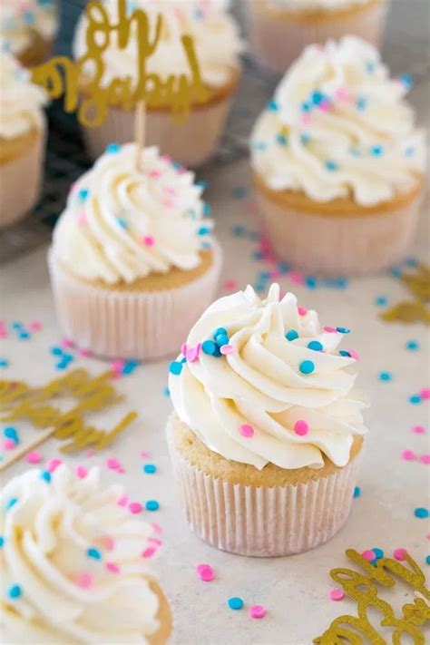 A sweet and simple recipe for Gender Reveal Cupcakes! Fill them with ...