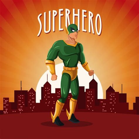 Premium Vector | Superhero costume comic standing with sunset city background