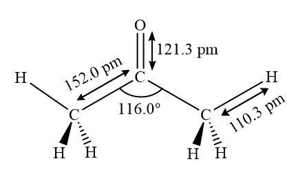 What is the geometric structure of acetone (CH_3)_2CO? Indicate the bond angles and specify if ...