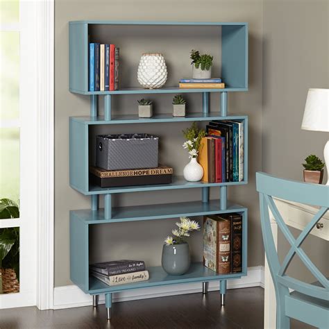 Mid Century Modern Wooden Accent Bookshelf in Blue Finish with 3 ...