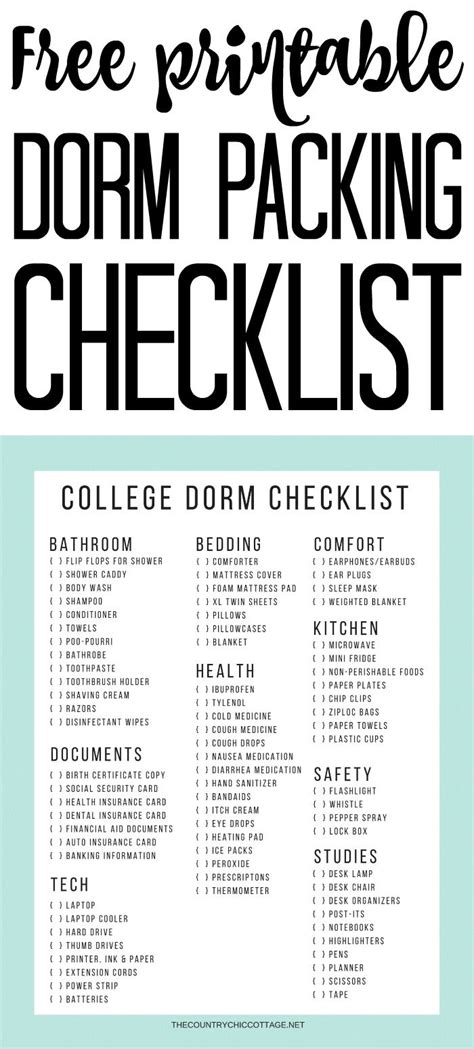 Free Printable Dorm Packing Checklist