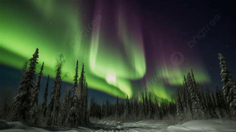 The Aurora Lights Up The Night Sky Over Snowy Forest Background, Aurora Borealis In Fairbanks ...