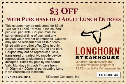 $3 off two adult lunch entrees at Longhorn Steakhouse with coupon through March 7. See coupons ...