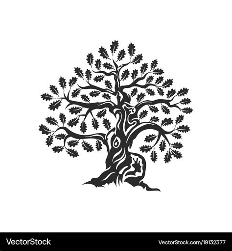 Huge and sacred oak tree silhouette logo badge Vector Image