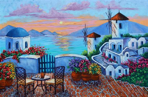 Santorini Greece Canvas Print Sunset Giclee reproduction oil | Etsy