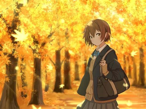 Download Yellow Fall Anime Girl In Forest Wallpaper | Wallpapers.com