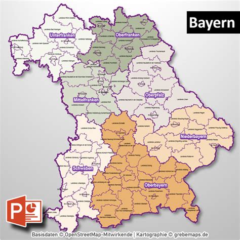 Bayern PowerPoint-Karte Regierungsbezirke Landkreise - grebemaps ...