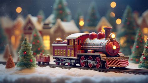 A desktop wallpaper of a Christmas train set