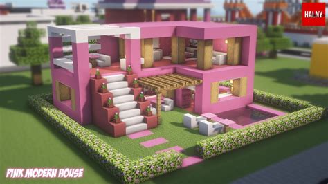 Easy pink modern house - Minecraft tutorial build - YouTube