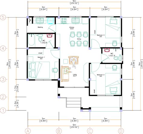 9x9 Meter Small House Plan 3 Beds 2 Baths Shed Roof - Small House Design Plan