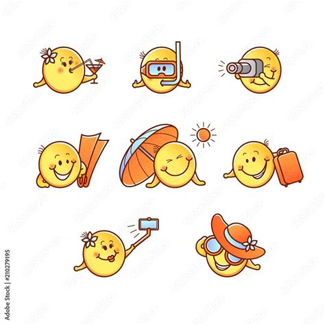 Summer beach vacation smiley set - emoticons with various face emotions ...