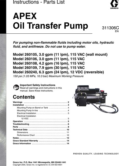 Graco 311306C Oil Transfer Pump Users Manual Pump, Instructions Parts ...