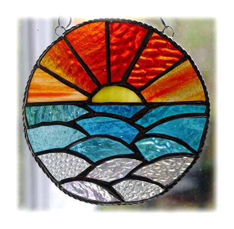 Sunset Ocean Waves Stained Glass Suncatcher | Stained glass diy, Simple stained glass, Faux ...