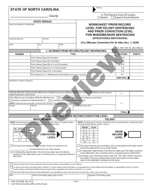 Winston–Salem North Carolina Worksheet Prior Record Level for Felony Sentencing and Prior ...