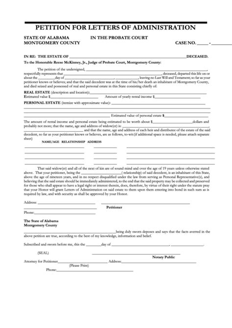 Fillable Petition For Letters Of Administration Form - Alabama, Montgomery County - Probate ...