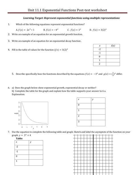 Unit 11 1 Post test Worksheet Exponential Functions