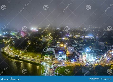 Aerial View of Da Lat City Night Beautiful Tourism Destination in Central Highlands Vietnam ...