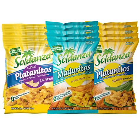 Soldanza Plantain Chips, Variety Pack 2.5 oz (Pack of 12) 4 x Salted Plantain Chips, 4 x Ripe ...