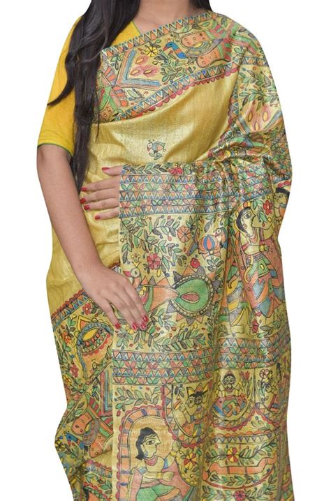 Yellow Hand Painted Madhubani Tussar Silk Saree #madhubanisaree# | Tussar silk saree, Saree ...