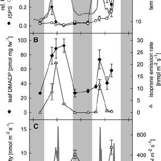 Diurnal changes of isoprene biosynthesis-related parameters in leaves ...