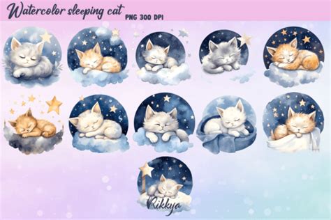 Watercolor Cute Sleeping Cat Clipart Graphic by Rikkya · Creative Fabrica