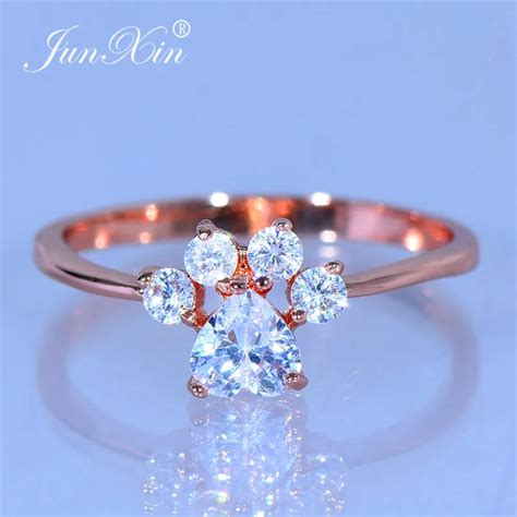 Junxin Cute Animal Dog Cat Bear Footprint Ring Rose Gold White Crystal Heart Paw Rings For Women ...