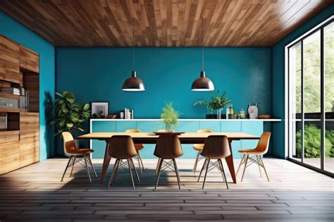 Premium AI Image | modern wood blue dining room ultra professional advertising food photography