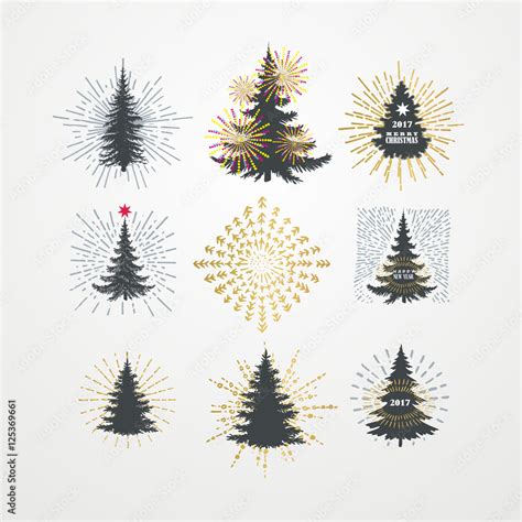 Vector illustration of different christmas trees with starburst. Stock ...