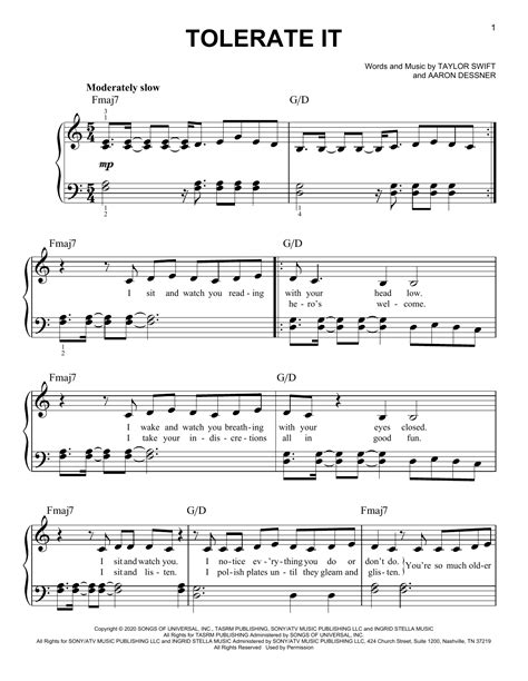 tolerate it by Taylor Swift Sheet Music for Easy Piano at Sheet Music Direct