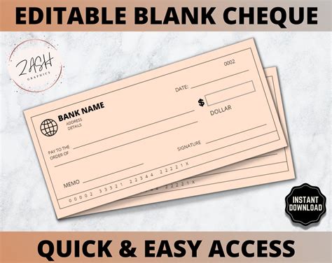 Blank Cheque Template Editable Bank Check Printable Check - Etsy Canada