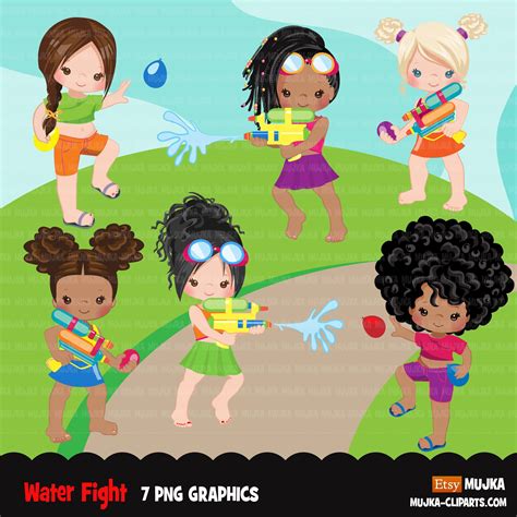 Water gun fight clipart girls black girls outdoors water | Etsy