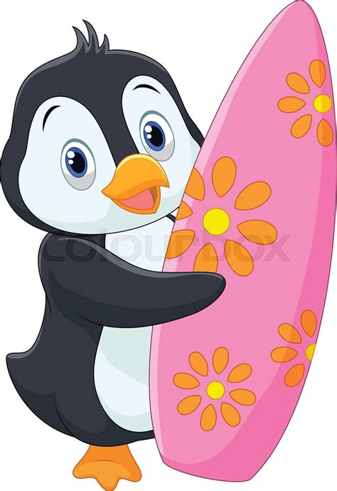 Penguin holding surfing board | Stock vector | Colourbox