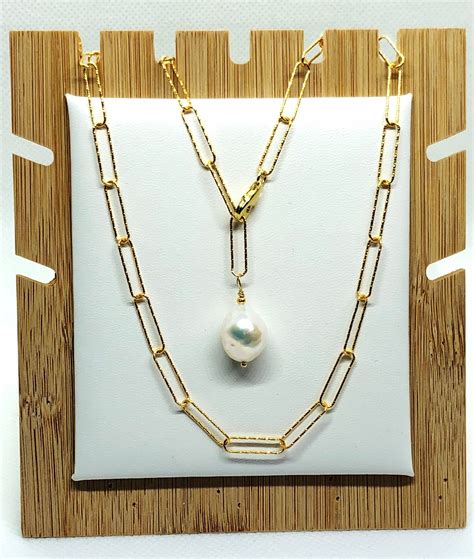 Gold Vermeil Textured Paper Clip Necklace, Baroque Pearl, June Birthstone, Mothers Day Gift ...