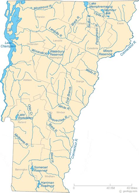 Map of Vermont Lakes, Streams and Rivers