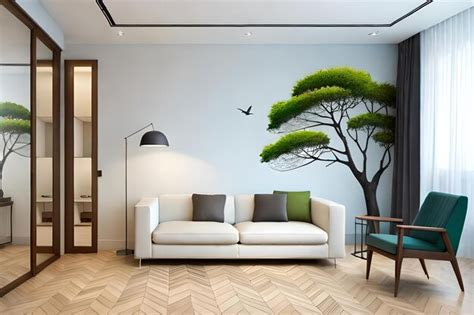 Premium Photo | A living room with a tree painted on the wall