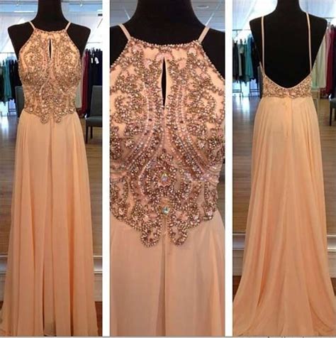 Peach Color Chiffon Dress Long Beaded Halter Sleeveless Prom Dress Beaded Evening Dress Formal ...