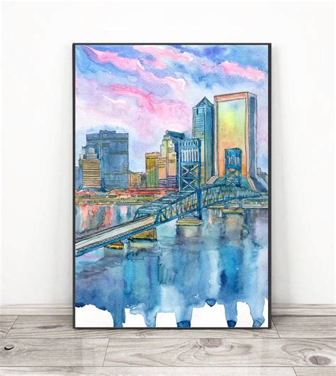 Jacksonville Florida Skyline Art Print, City Art Watercolor Painting Landscape, Cityscape Wall ...