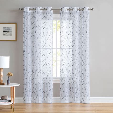 Set of Two (2) White Sheer Window Curtains: Gray Embroidered Botanical Floral Design 96" Long ...