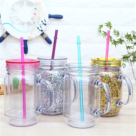 2020 15oz Plastic Mason Jar With Handles Lids And Colored Straws Glitter Mason Tumbler Double ...