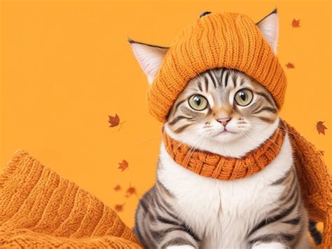 Premium AI Image | Cute Cat Dressed in a Fall Autumn Scarf and Hat on an Orange Background with ...