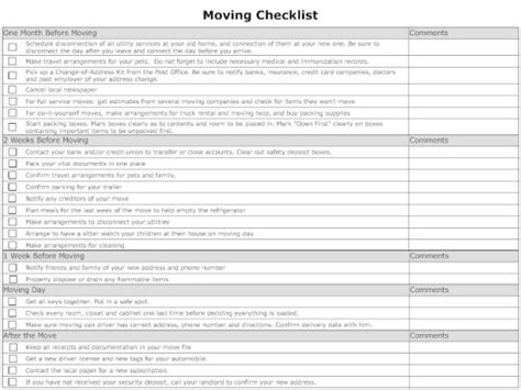 Simple Moving Checklist Template Excel