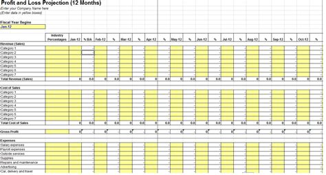 12 Month Profit and loss Projection ~ Template Sample