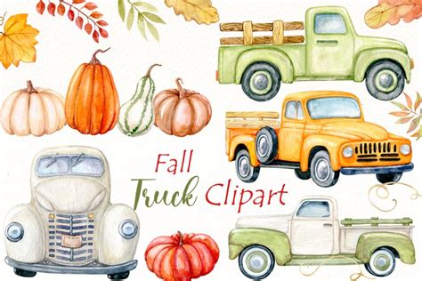 Fall Truck clipart, Watercolor Autumn harvest pumpkin png.