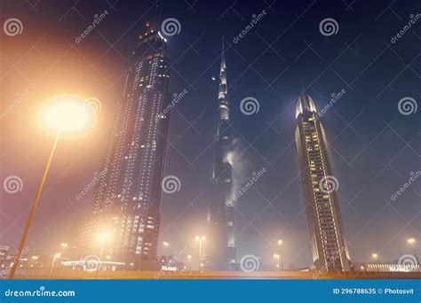 Dubai, United Arab Emirates - December 23, 2017: Skyscraper Architecture Building, Night View ...