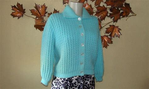 Penrose 100% Orlon Acrylic Blue Sweater Cardigan Knit Cropped Style Mid Sleeve Button Front ...