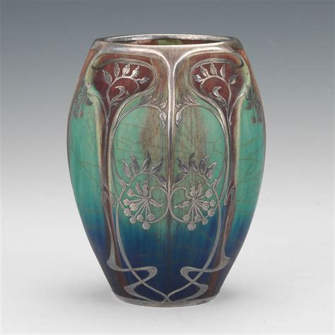 French Art Nouveau Ceramic Vase with Silver Overlay, in Manner of Alphonse Cytete, ca. Early ...