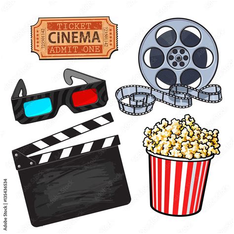 Cinema, movie objects - popcorn bucket, film roll, ticket, clapper ...