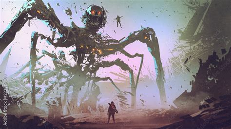 the man facing the giant spider robot, digital art style, illustration painting Stock ...