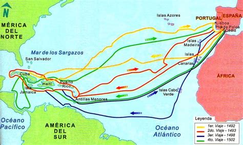 Mapa de los viajes de Cristóbal Colón a América - Mapa de América | Viajes de cristobal colon ...