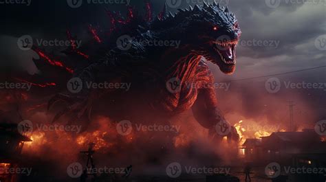 godzilla standing in front of a fire with a city in the background ...